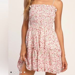 Lulus Petal Perfection Pink Floral Smocked Mini Dress Sundress. Size Small